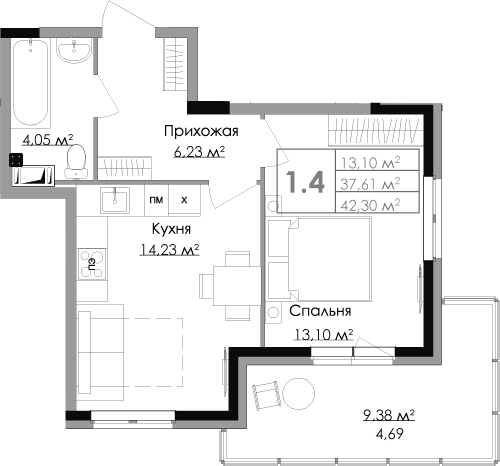 Планировка — Малая Финляндия, 2-комн., 38 м²