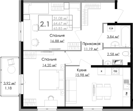 Планировка — Малая Финляндия, 3-комн., 65 м²
