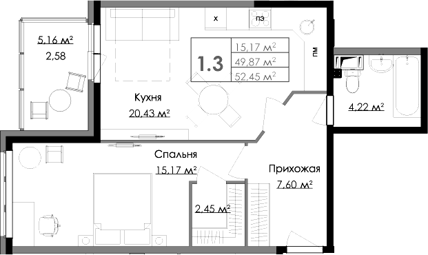 Планировка — Малая Финляндия, 2-комн., 51 м²