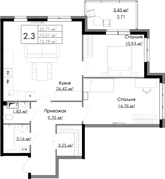 Планировка — Малая Финляндия, 3-комн., 70 м²