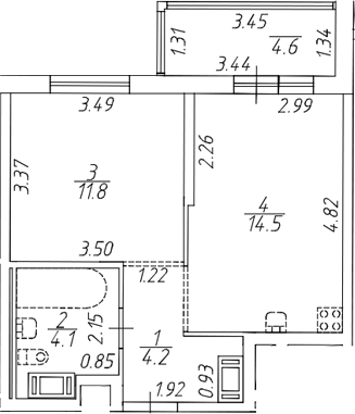 Планировка — Симпл, 1-комн., 33 м²