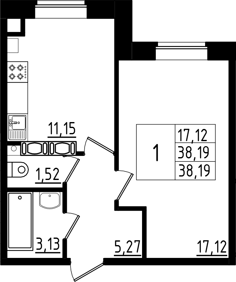 Планировка — Высоцкий, 1-комн., 38 м²