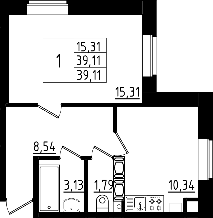Планировка — Высоцкий, 1-комн., 39 м²
