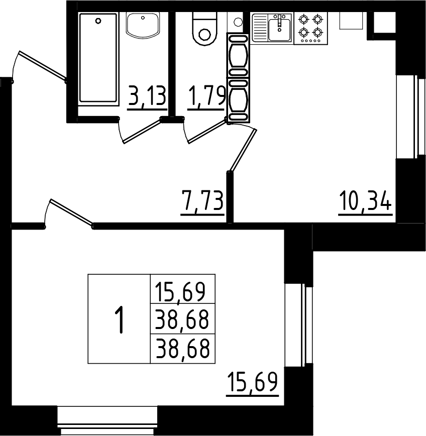 Планировка — Высоцкий, 1-комн., 39 м²