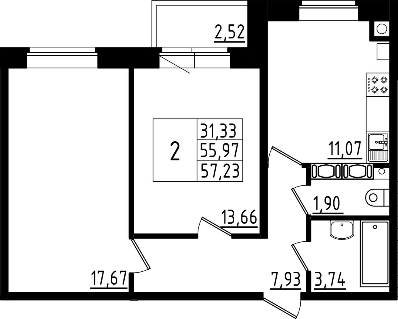 Планировка — Высоцкий, 2-комн., 56 м²