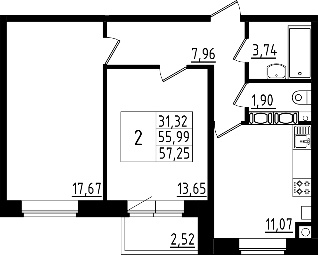 Планировка — Высоцкий, 2-комн., 56 м²