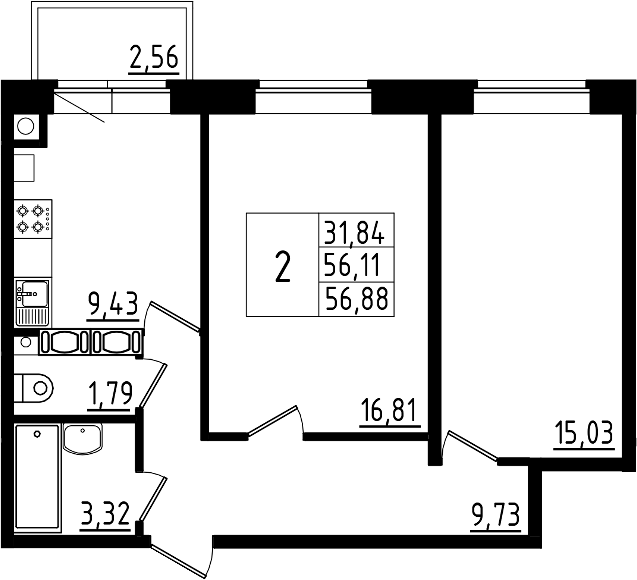 Планировка — Высоцкий, 2-комн., 56 м²