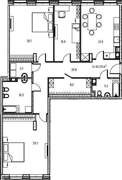 Планировка — Клубный дом Манхеттен, 4-комн., 141 м²