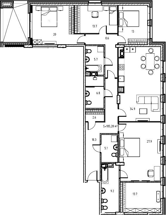 Планировка — Клубный дом Манхеттен, 5-комн., 175 м²