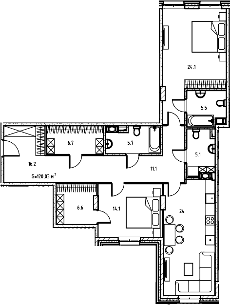 Планировка — Клубный дом Манхеттен, 3-комн., 114 м²