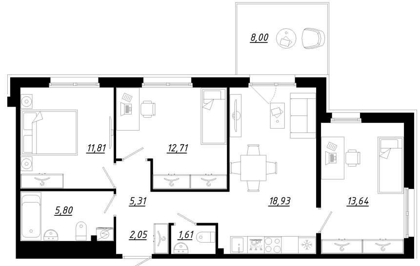 Планировка — Счастье 2.0, 4-комн., 72 м²