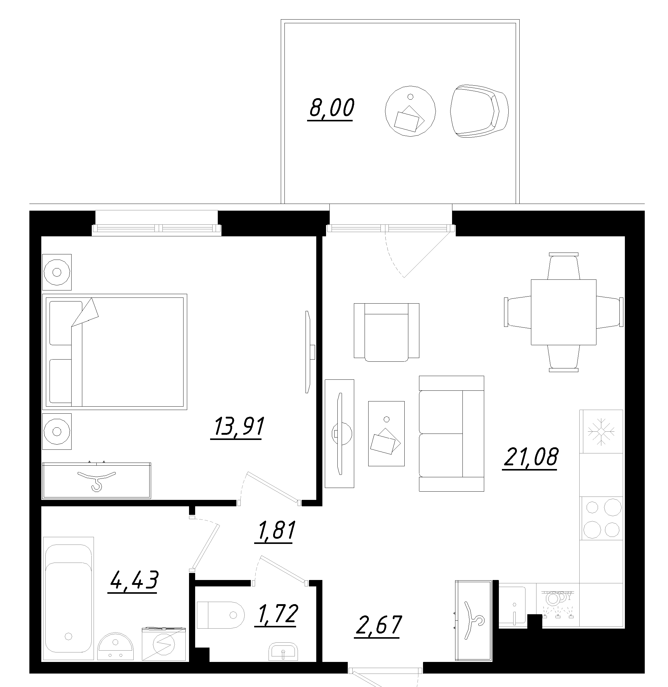 Планировка — Счастье 2.0, 2-комн., 46 м²