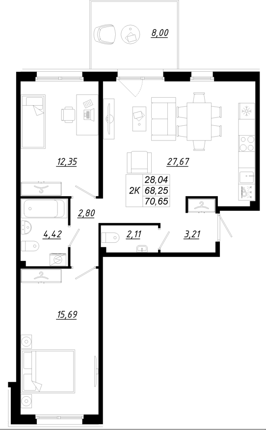 Планировка — Счастье 2.0, 3-комн., 68 м²