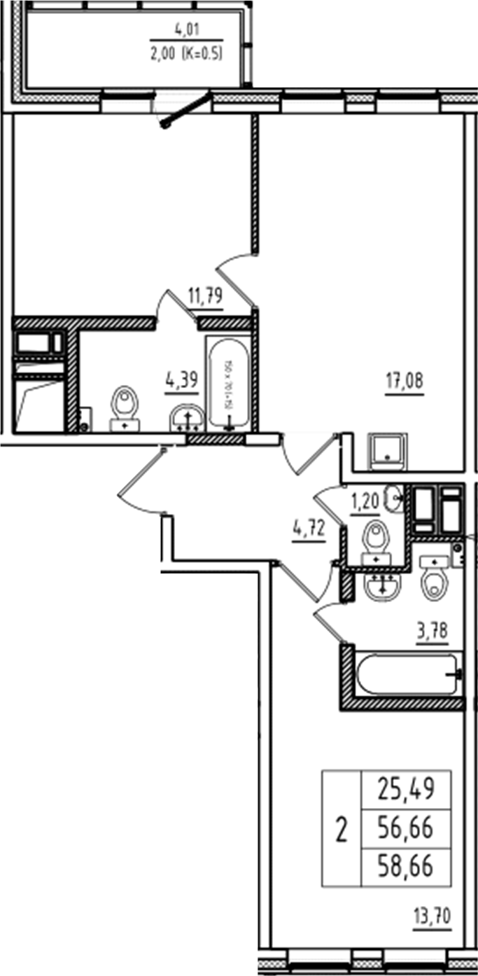 Планировка — Аэросити Club, 3-комн., 57 м²