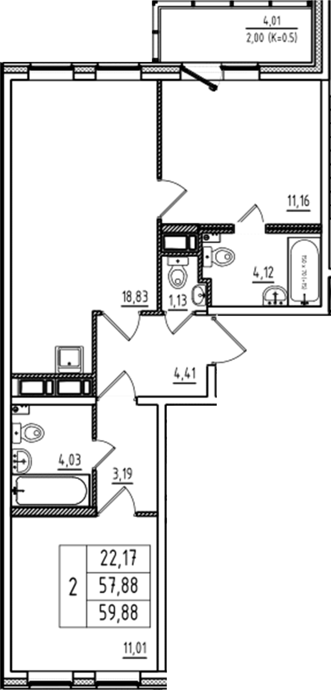 Планировка — Аэросити Club, 3-комн., 58 м²
