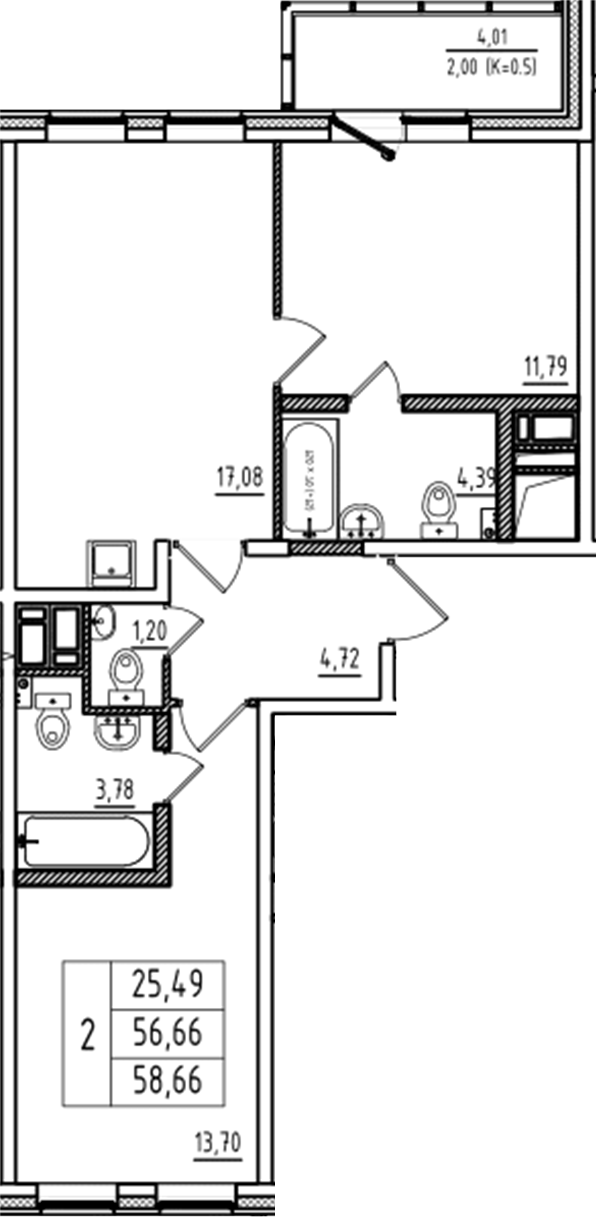 Планировка — Аэросити Club, 3-комн., 57 м²
