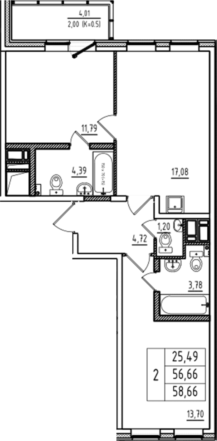Планировка — Аэросити Club, 3-комн., 57 м²