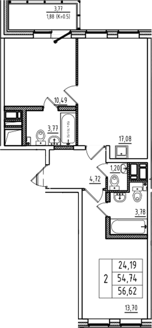 Планировка — Аэросити Club, 3-комн., 55 м²