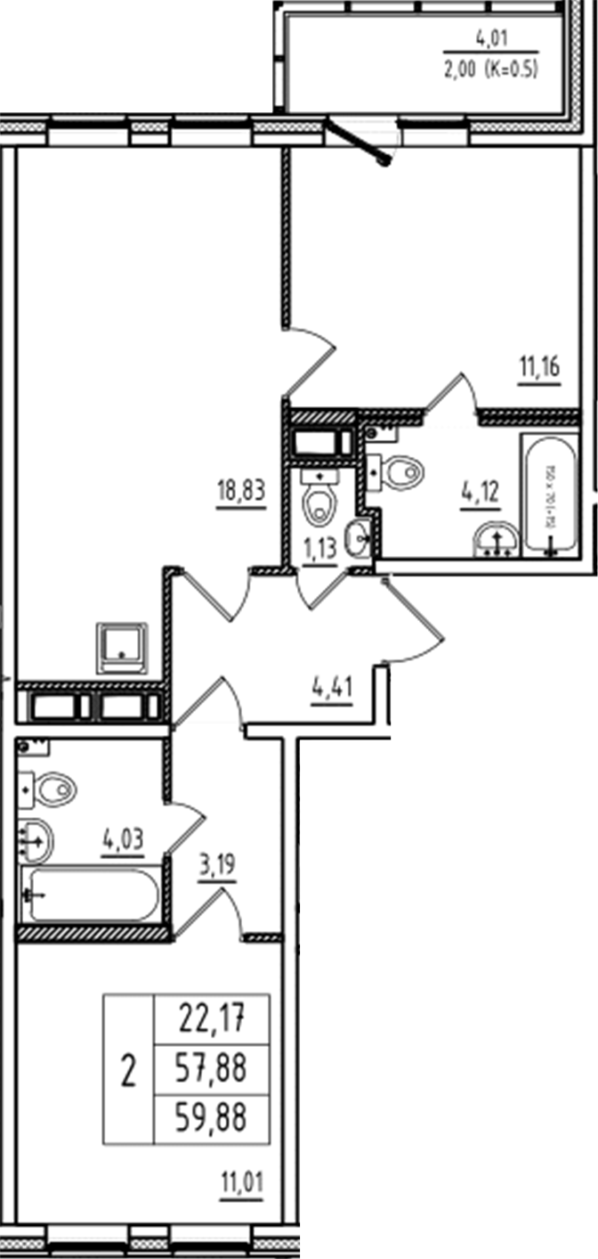 Планировка — Аэросити Club, 3-комн., 58 м²