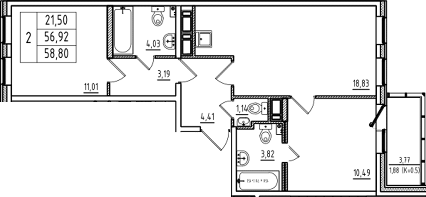 Планировка — Аэросити Club, 3-комн., 57 м²