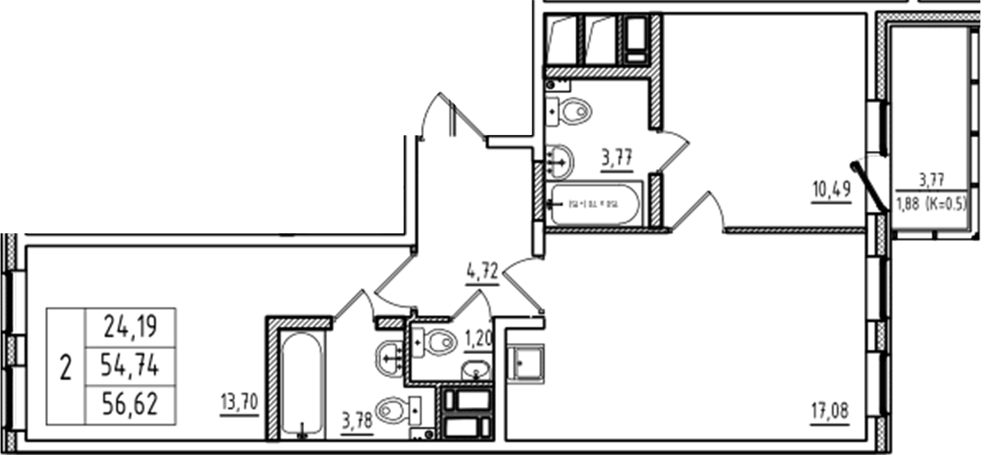 Планировка — Аэросити Club, 3-комн., 55 м²