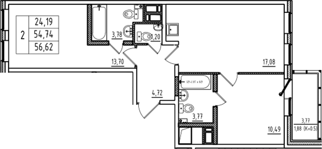 Планировка — Аэросити Club, 3-комн., 55 м²