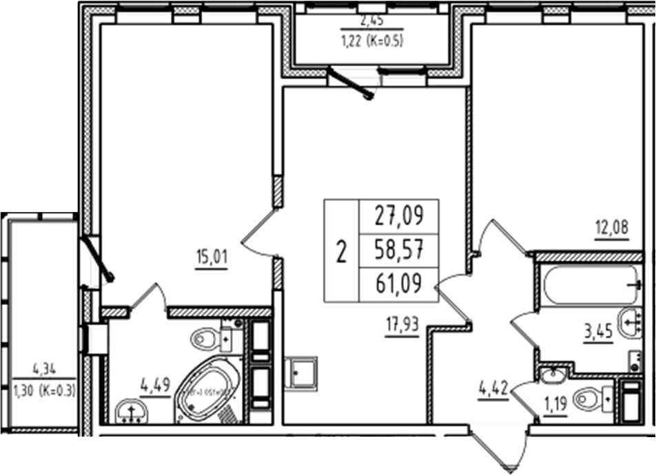 Планировка — Аэросити Club, 3-комн., 59 м²
