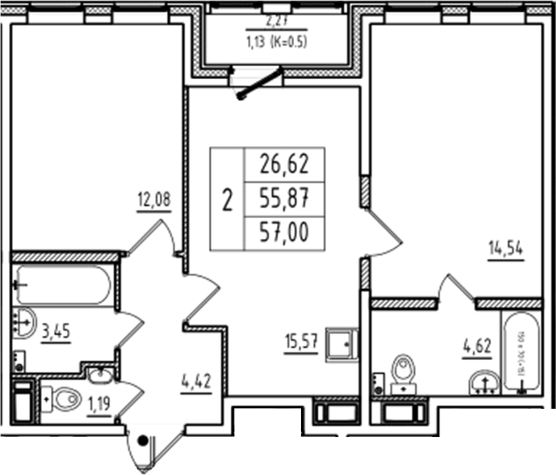 Планировка — Аэросити Club, 3-комн., 56 м²