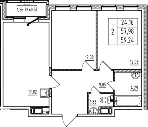 Планировка — Аэросити Club, 3-комн., 58 м²