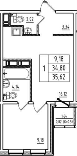 Планировка — Аэросити Club, 2-комн., 35 м²