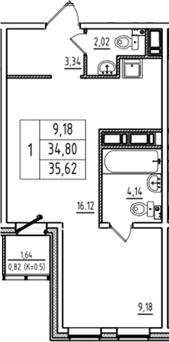 Планировка — Аэросити Club, 2-комн., 35 м²