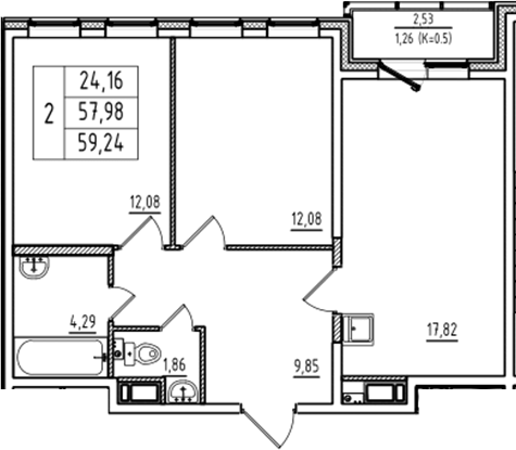 Планировка — Аэросити Club, 3-комн., 58 м²