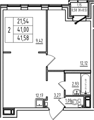 Планировка — Аэросити Club, 2-комн., 41 м²