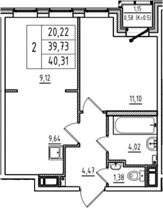 Планировка — Аэросити Club, 2-комн., 40 м²