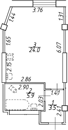 Планировка — Ромашки, Студия, 33 м²