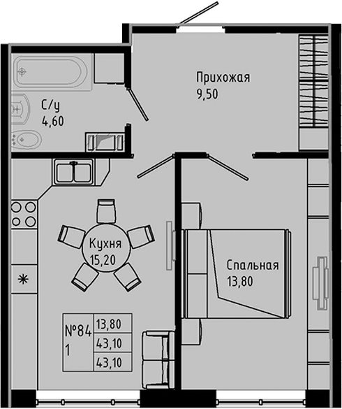 Планировка — PIXEL, 2-комн., 43 м²
