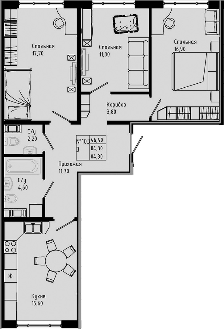 Планировка — PIXEL, 4-комн., 84 м²