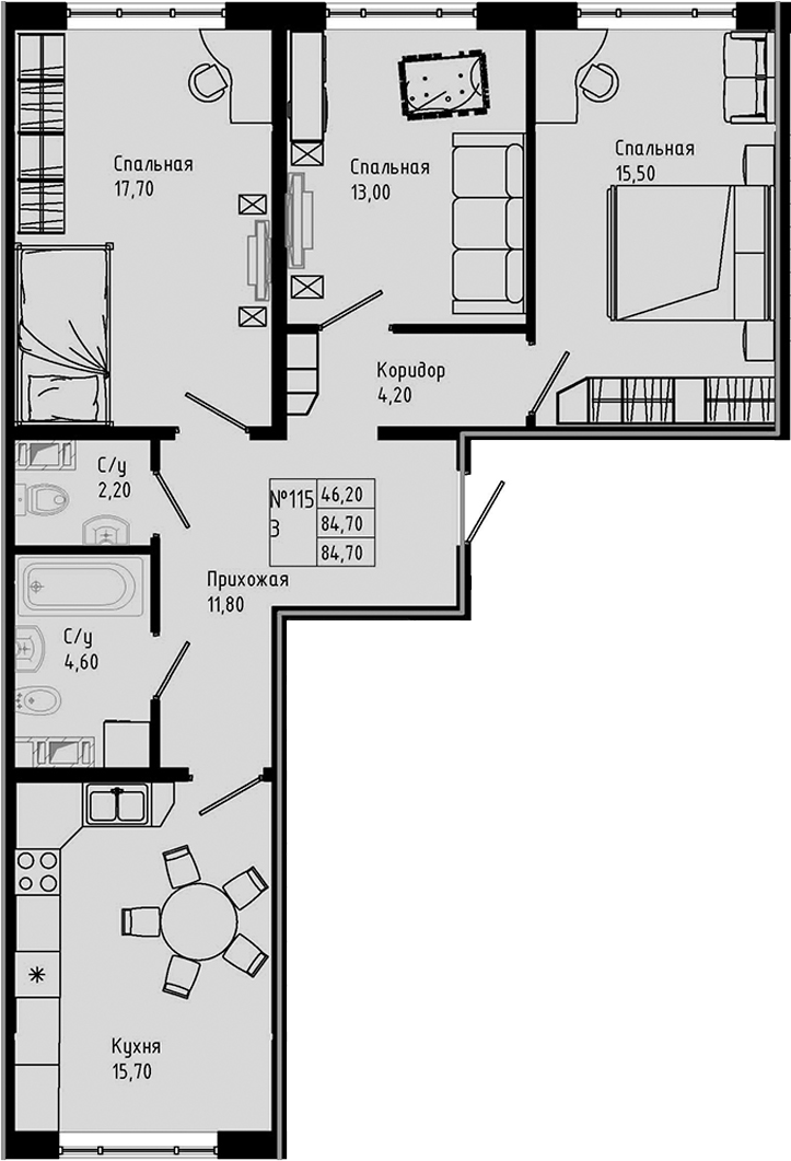 Планировка — PIXEL, 4-комн., 85 м²