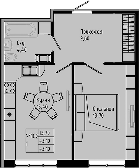 Планировка — PIXEL, 2-комн., 43 м²