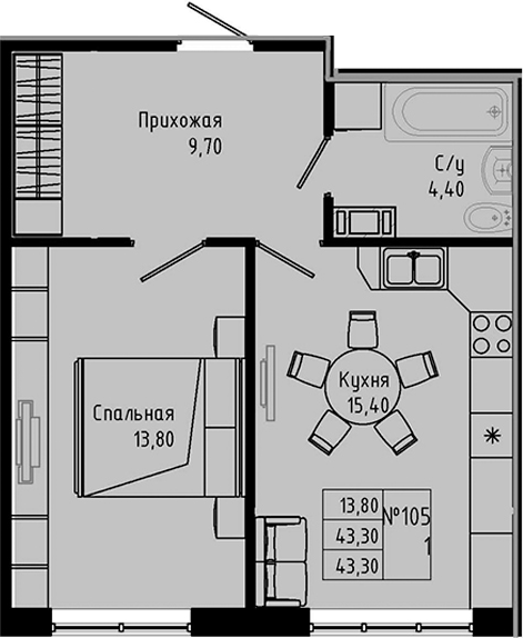 Планировка — PIXEL, 2-комн., 43 м²