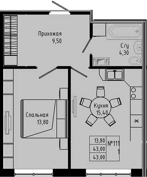 Планировка — PIXEL, 2-комн., 43 м²