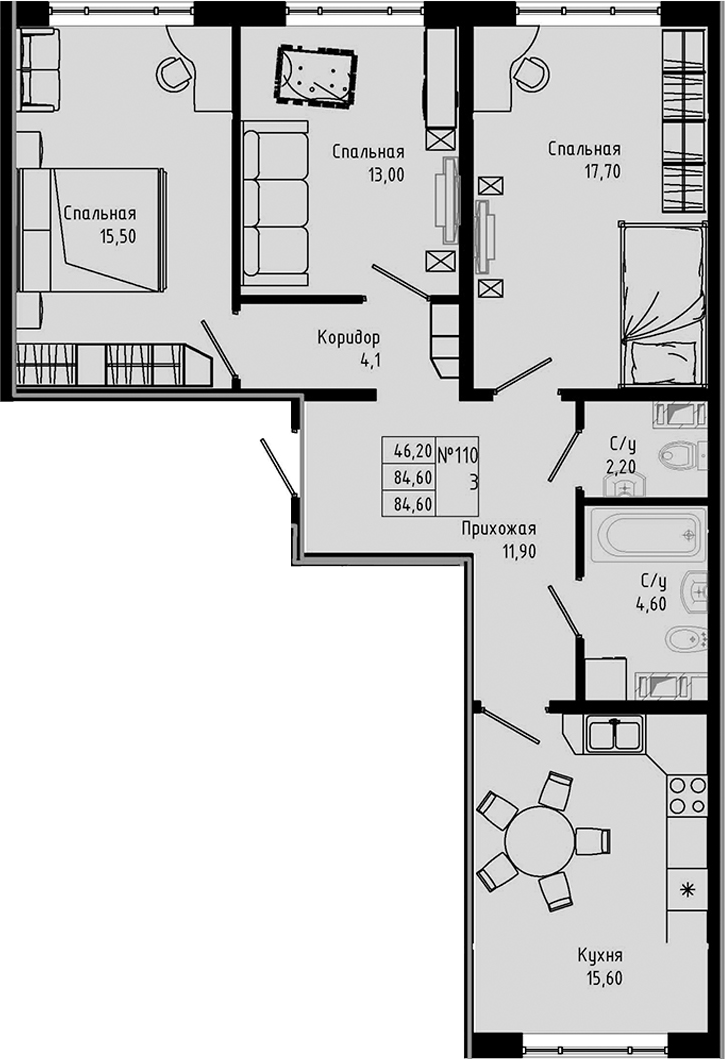 Планировка — PIXEL, 4-комн., 85 м²