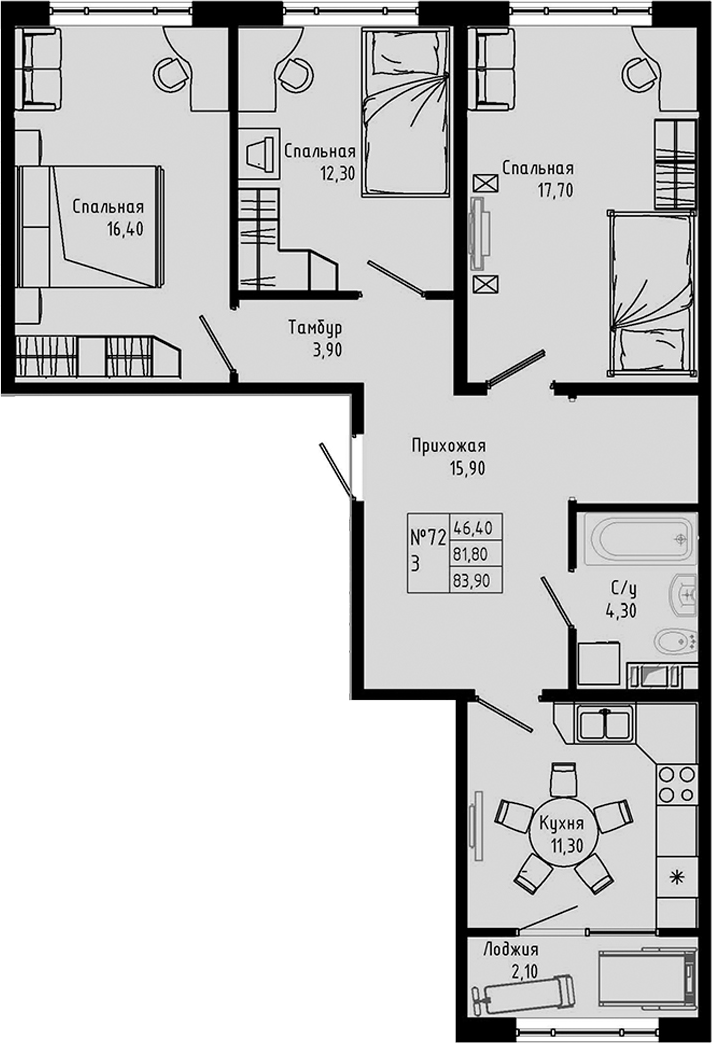 Планировка — PIXEL, 3-комн., 82 м²