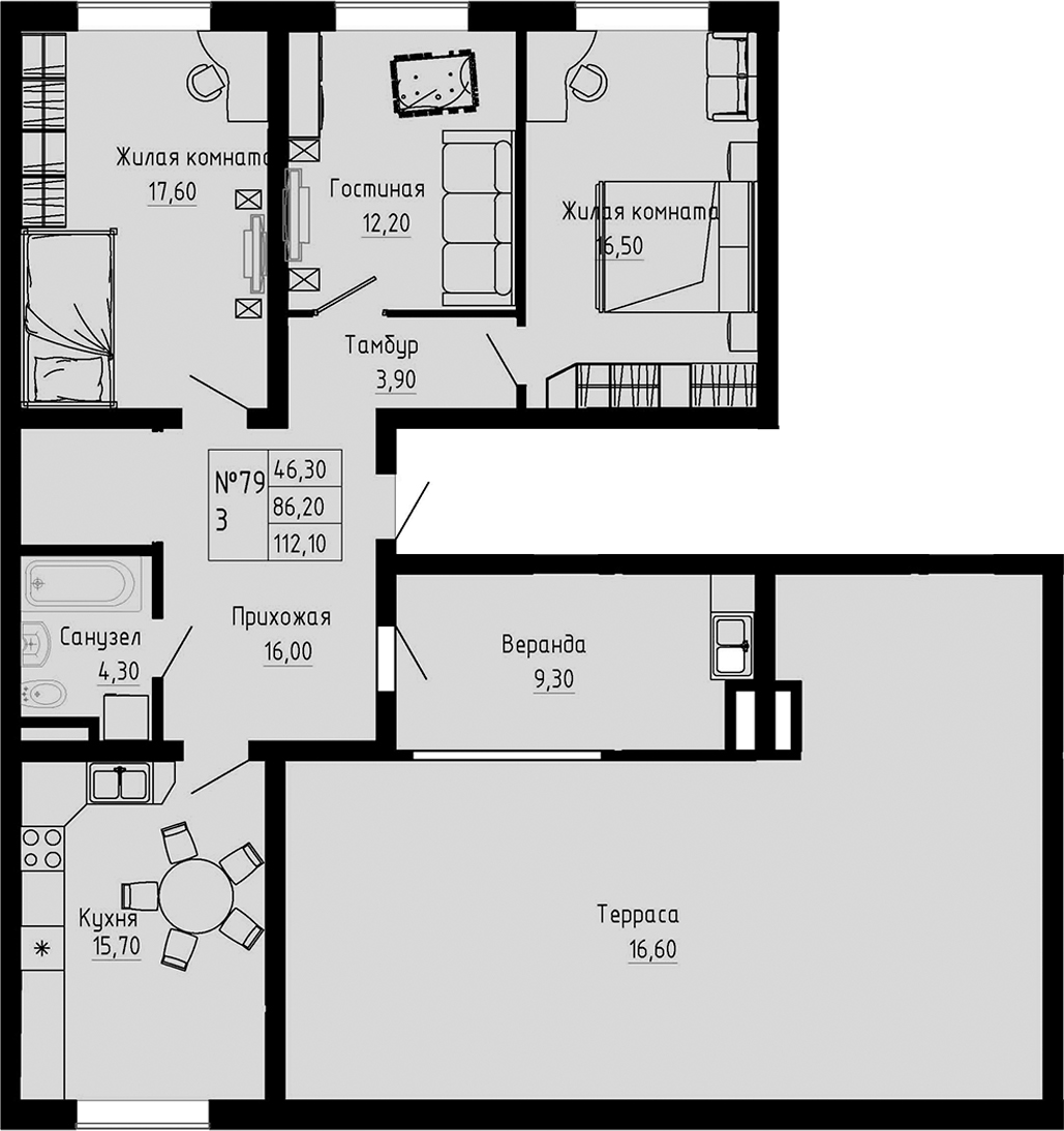 Планировка — PIXEL, 4-комн., 86 м²