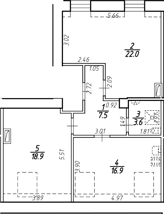 Планировка — Крона, 2-комн., 69 м²