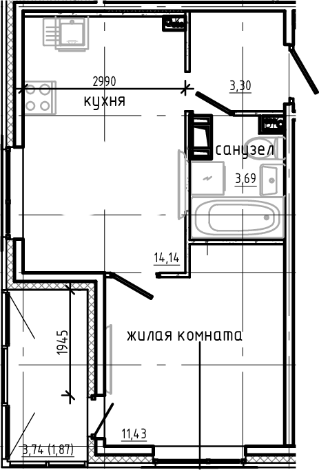 Планировка — Янила Драйв, 1-комн., 33 м²