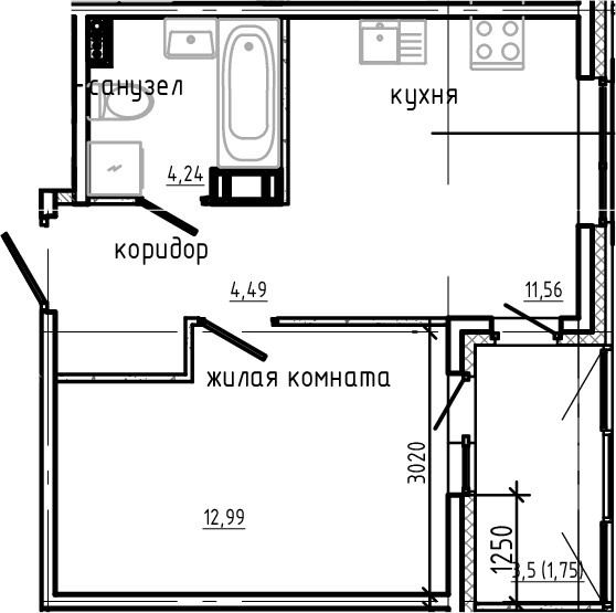 Планировка — Янила Драйв, 1-комн., 33 м²