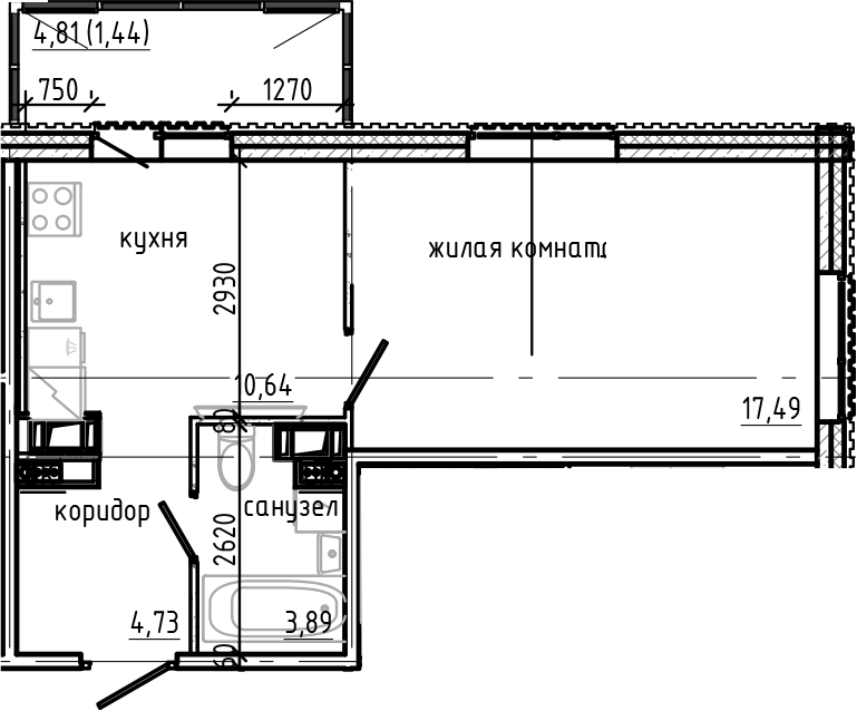 Планировка — Янила Драйв, 1-комн., 37 м²