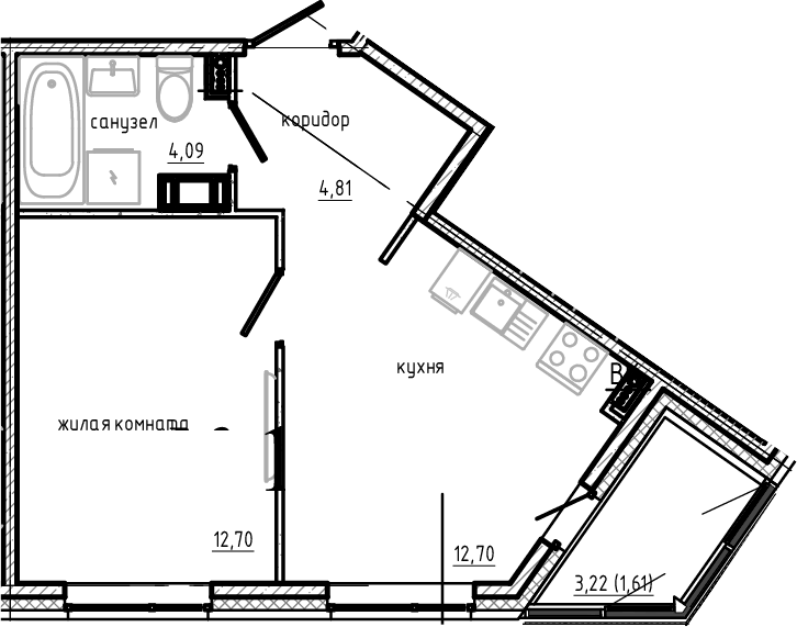 Планировка — Янила Драйв, 1-комн., 34 м²