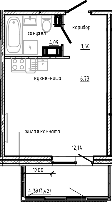 Планировка — Янила Драйв, Студия, 26 м²